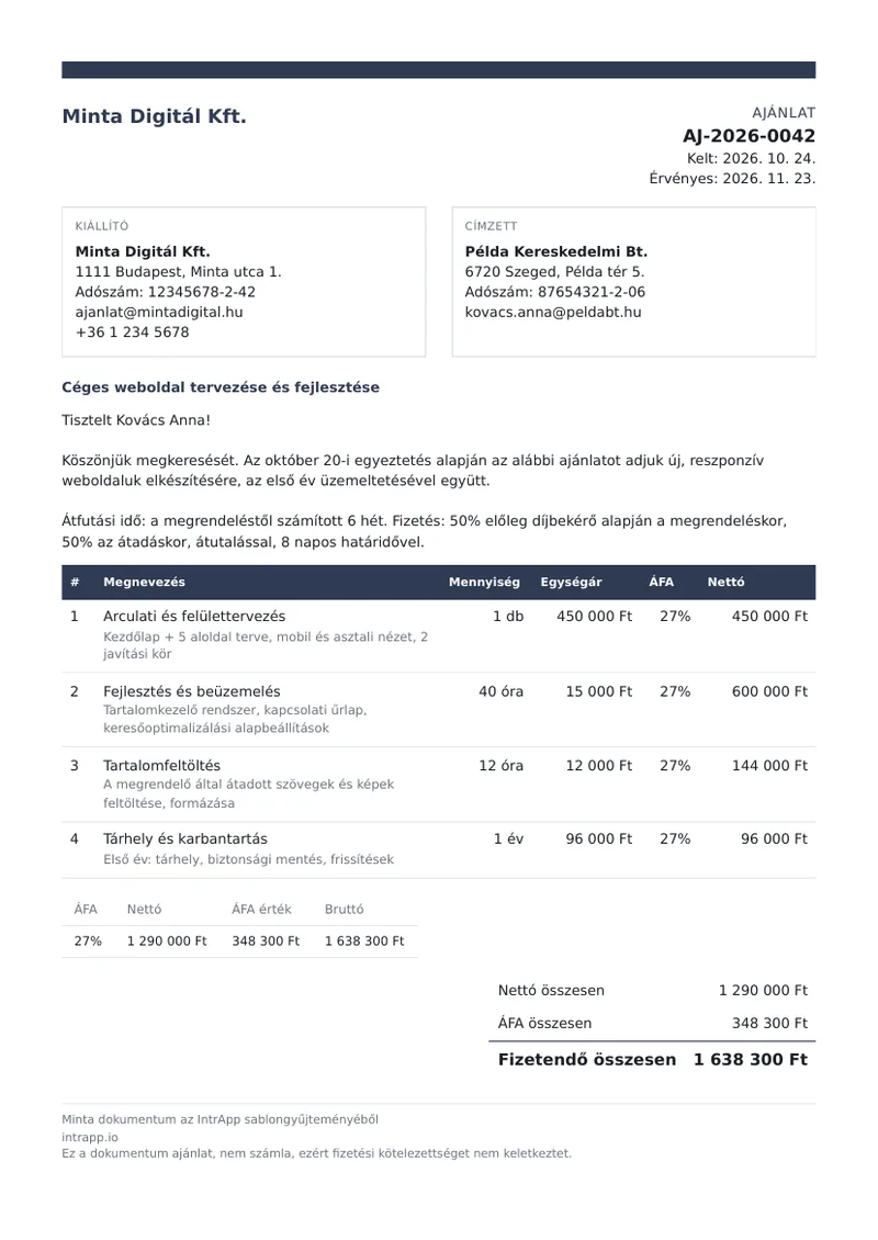 Az árajánlat minta első oldala, a Minta Digitál Kft. AJ-2026-0042 számú ajánlata a Példa Kereskedelmi Bt.-nek