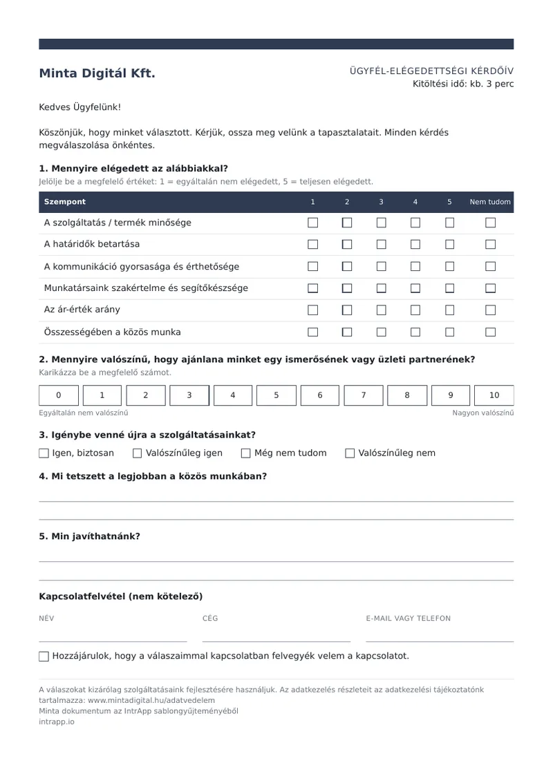 Az ügyfél-elégedettségi kérdőív minta, a Minta Digitál Kft. egyoldalas kérdőíve az ügyfeleinek