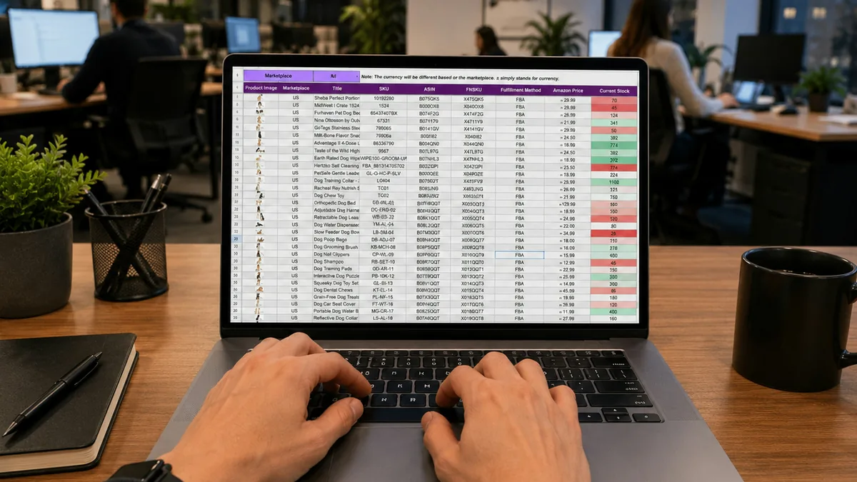 A dense, colour coded spreadsheet on a laptop screen, with hands typing into it