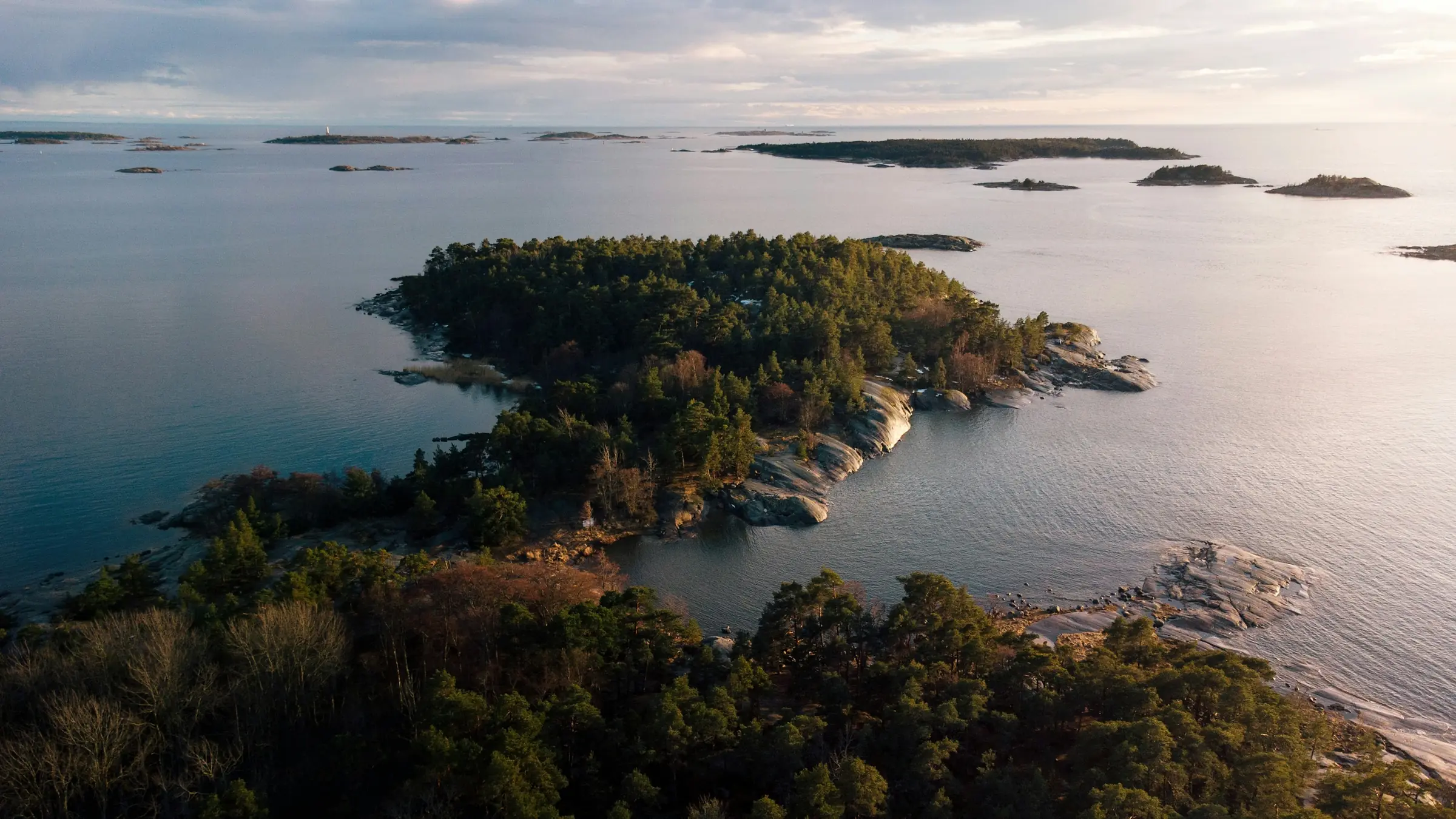 Separate islands in a bay, seen from above