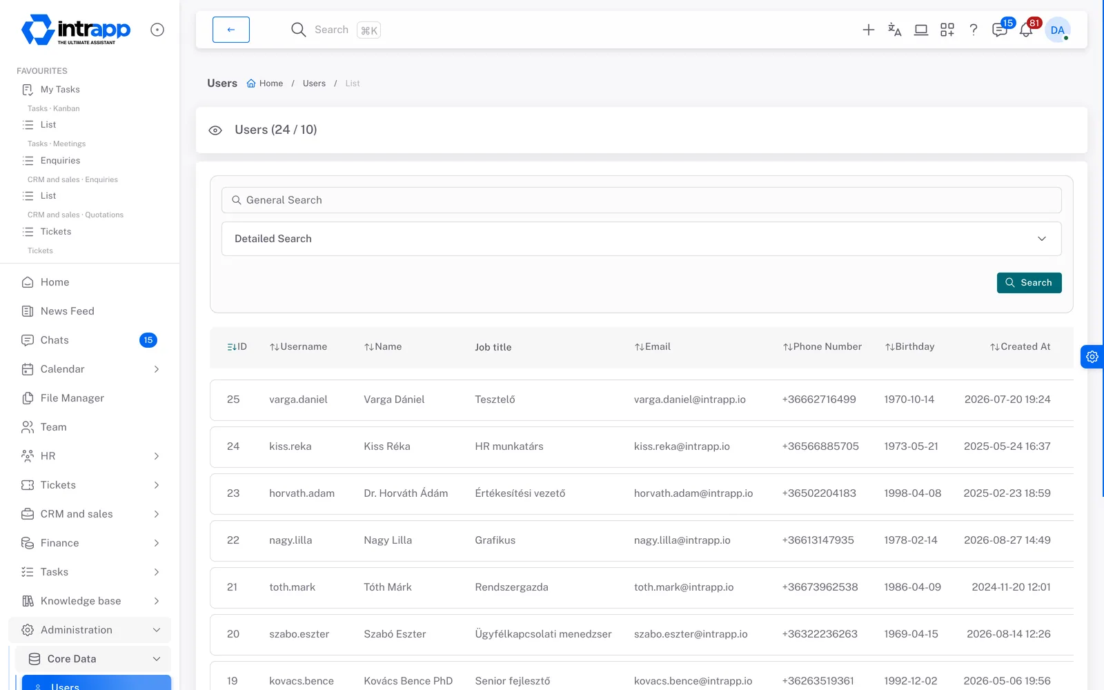 User management in IntrApp, with your colleagues’ names, job titles, email addresses and phone numbers.