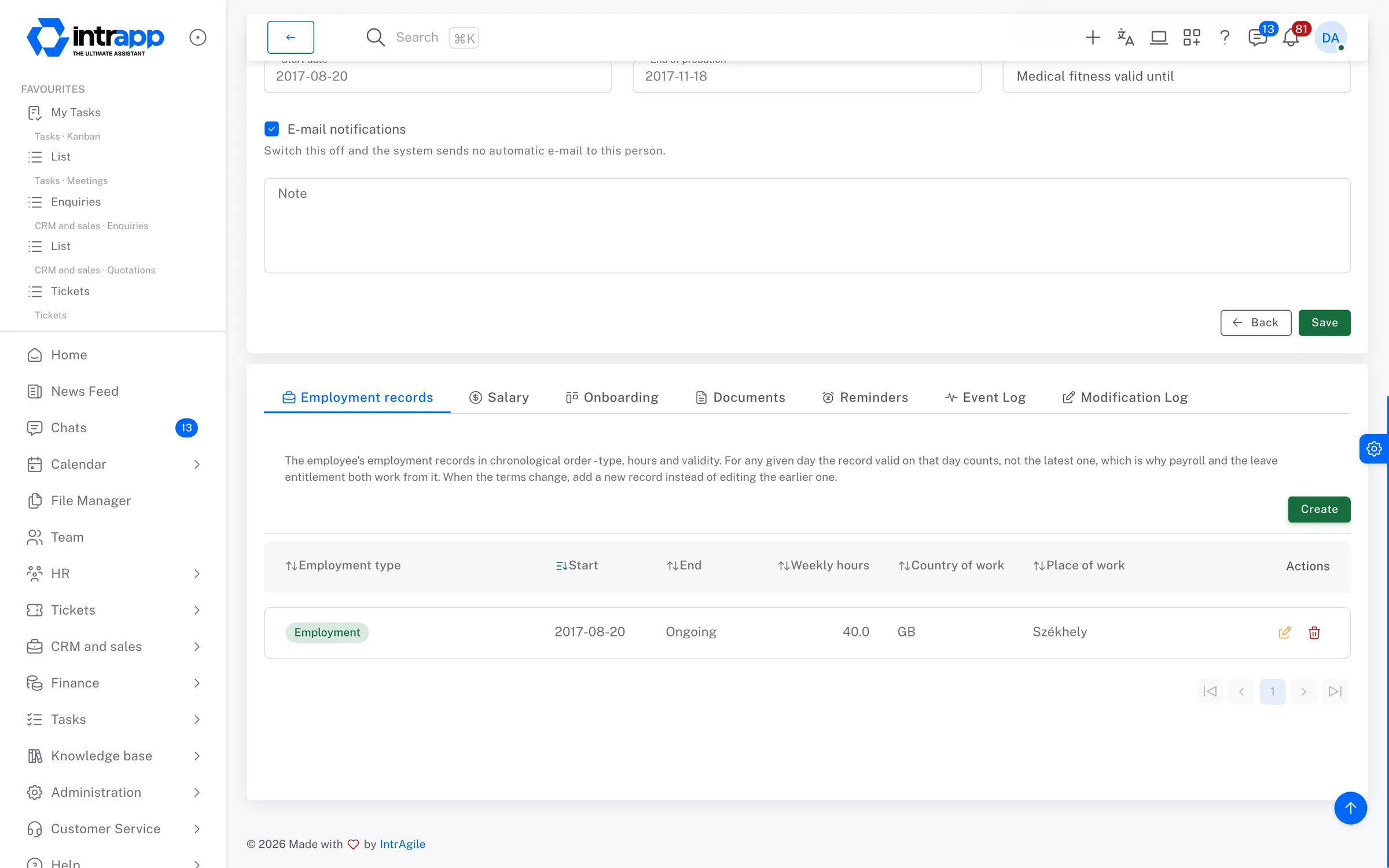 An employee record in IntrApp, on the employment tab with the type of employment, its start date, weekly hours and the country of work.