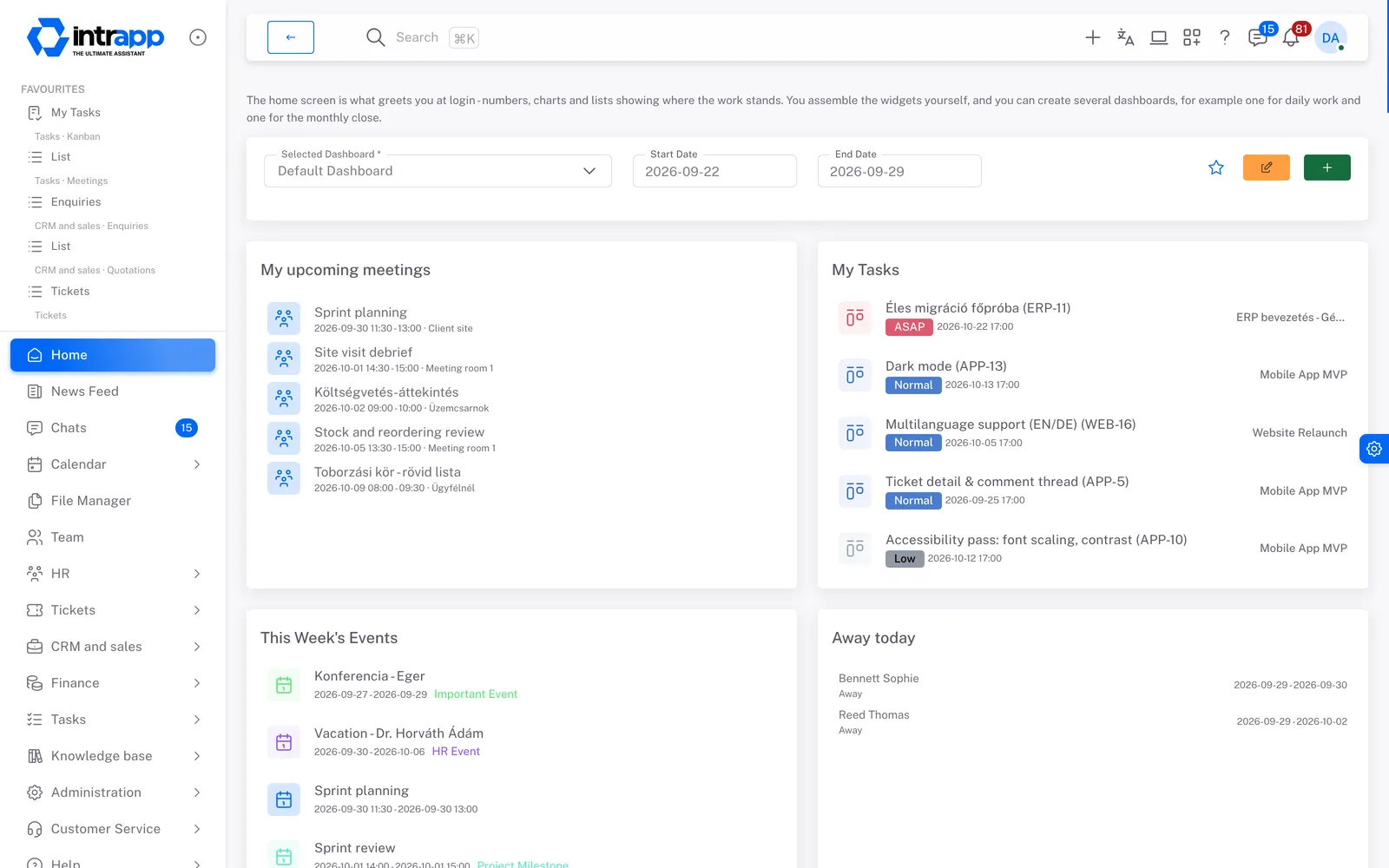 The IntrApp home screen with your upcoming meetings, your own tasks, this week’s events and who is away today.