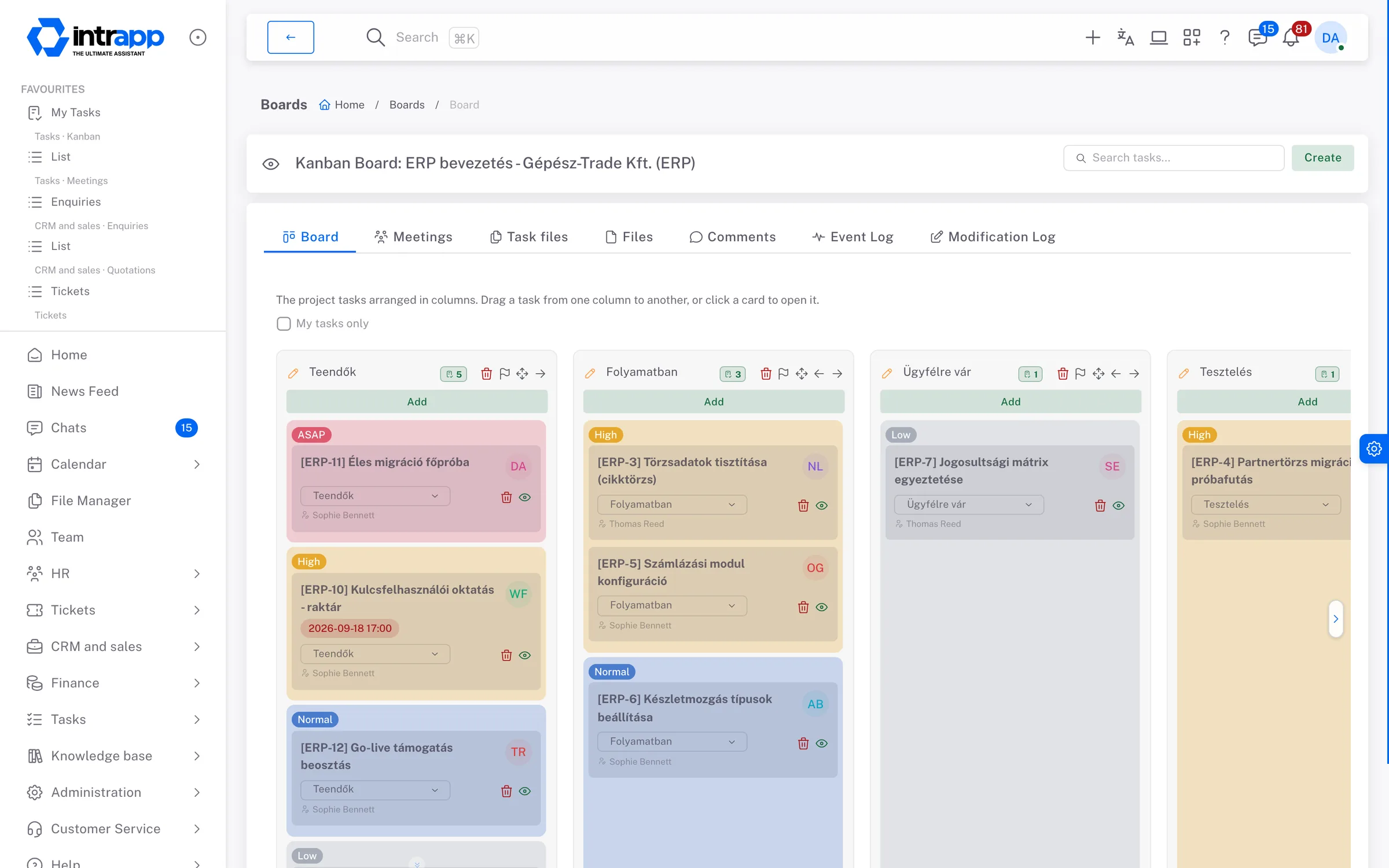 A kanban board in IntrApp, with columns the team named itself, priority and owner on the cards, and overdue deadlines in red.