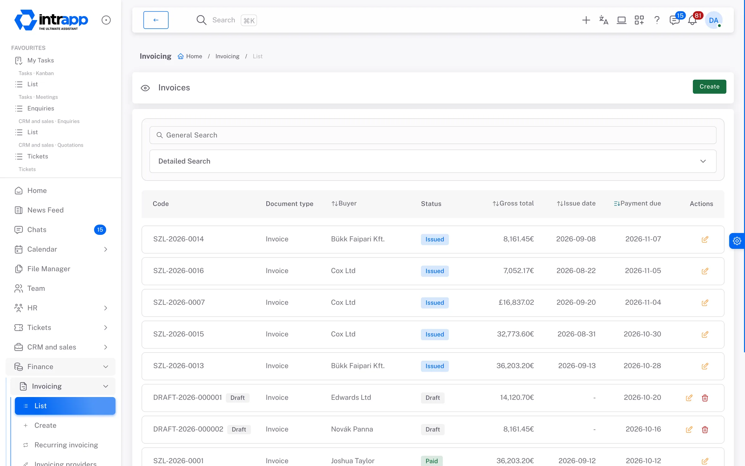 The invoice list in IntrApp, with document type, customer, status, gross total, issue date and payment due date, with drafts among the issued invoices.