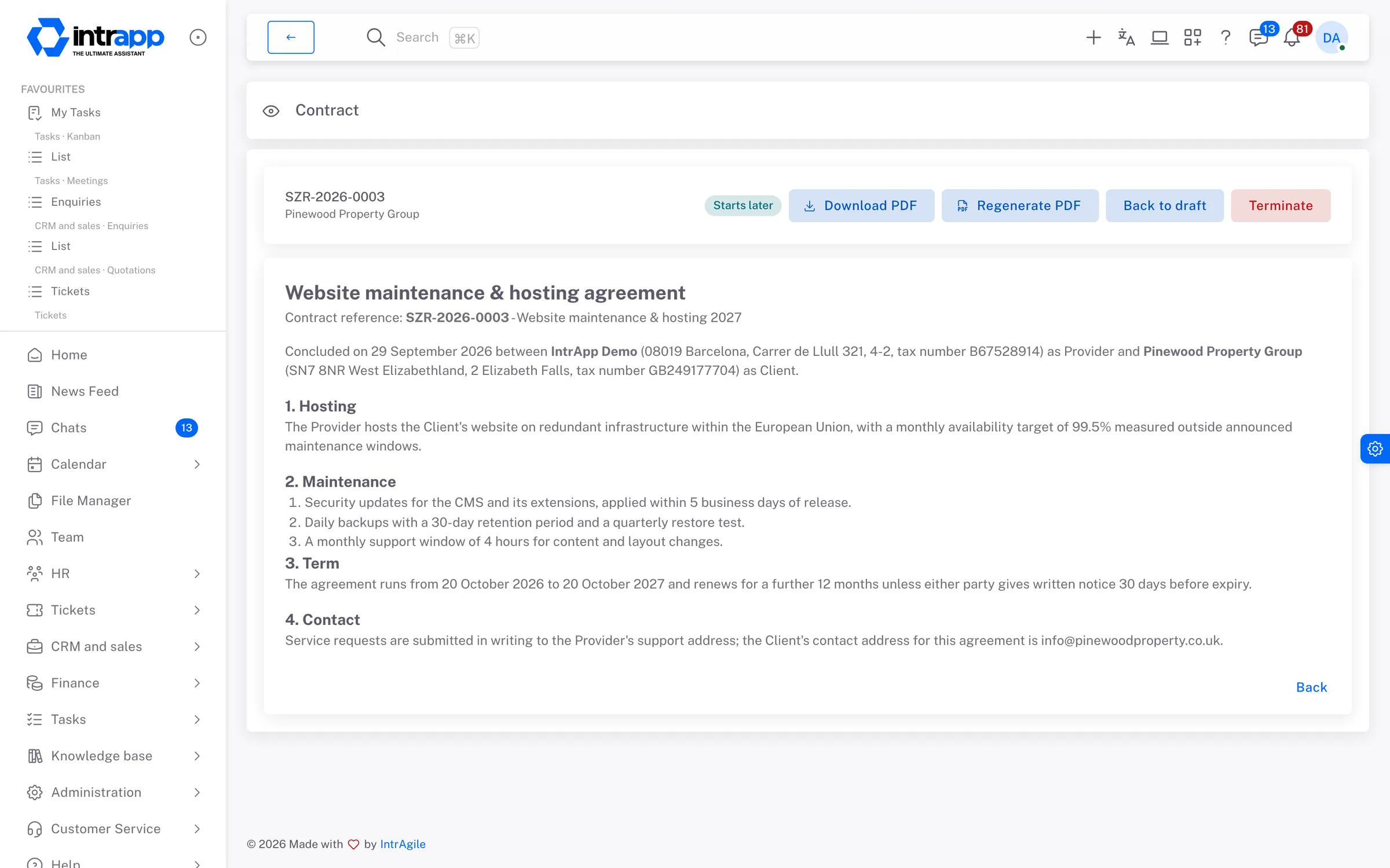 A finalised contract in IntrApp with its own reference, buttons to download and regenerate the PDF, and the contract text below, filled in with the customer’s and your company’s details.