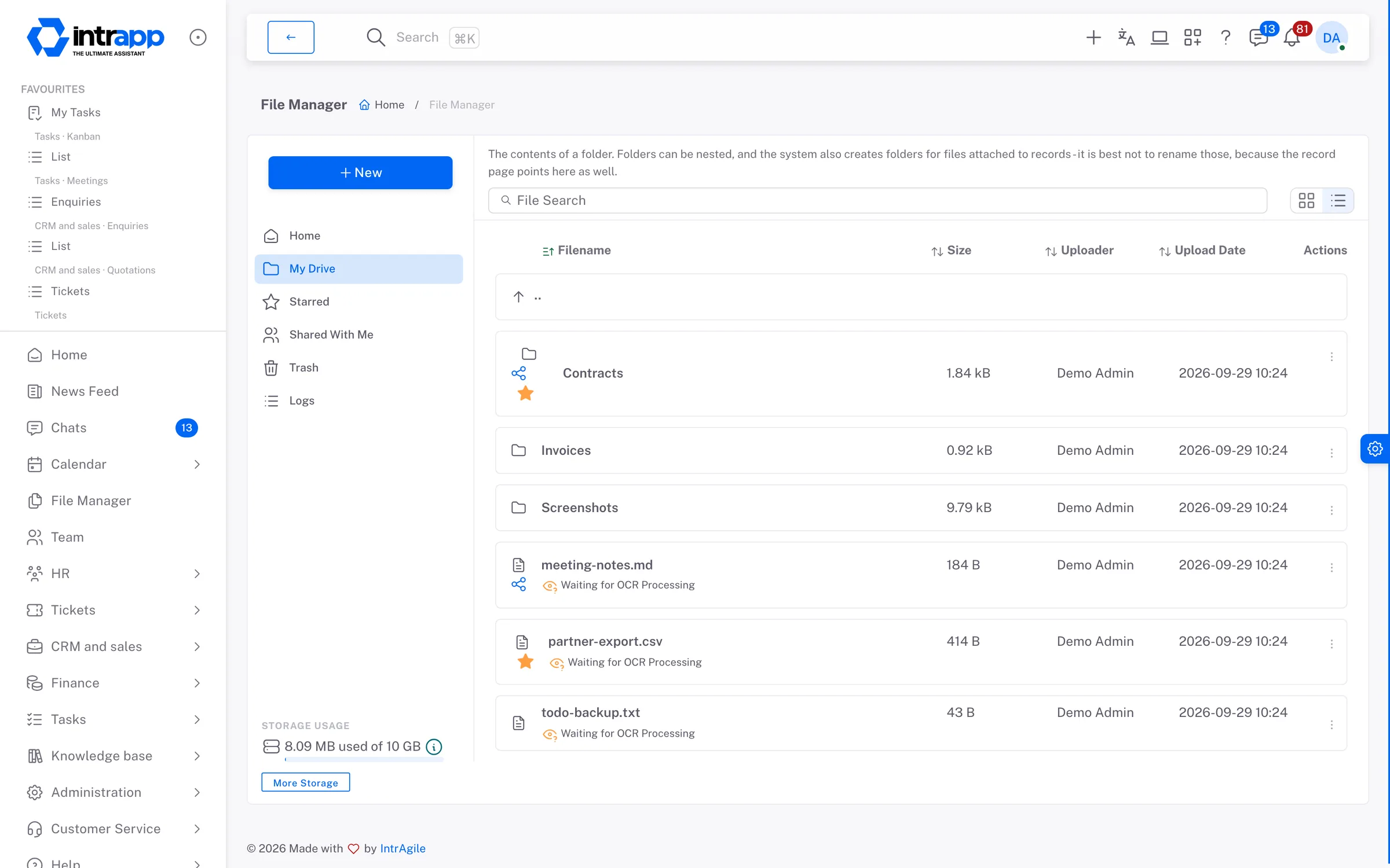 The file manager in IntrApp, showing the folders and files of your own drive, each with its size, the person who uploaded it and the date.