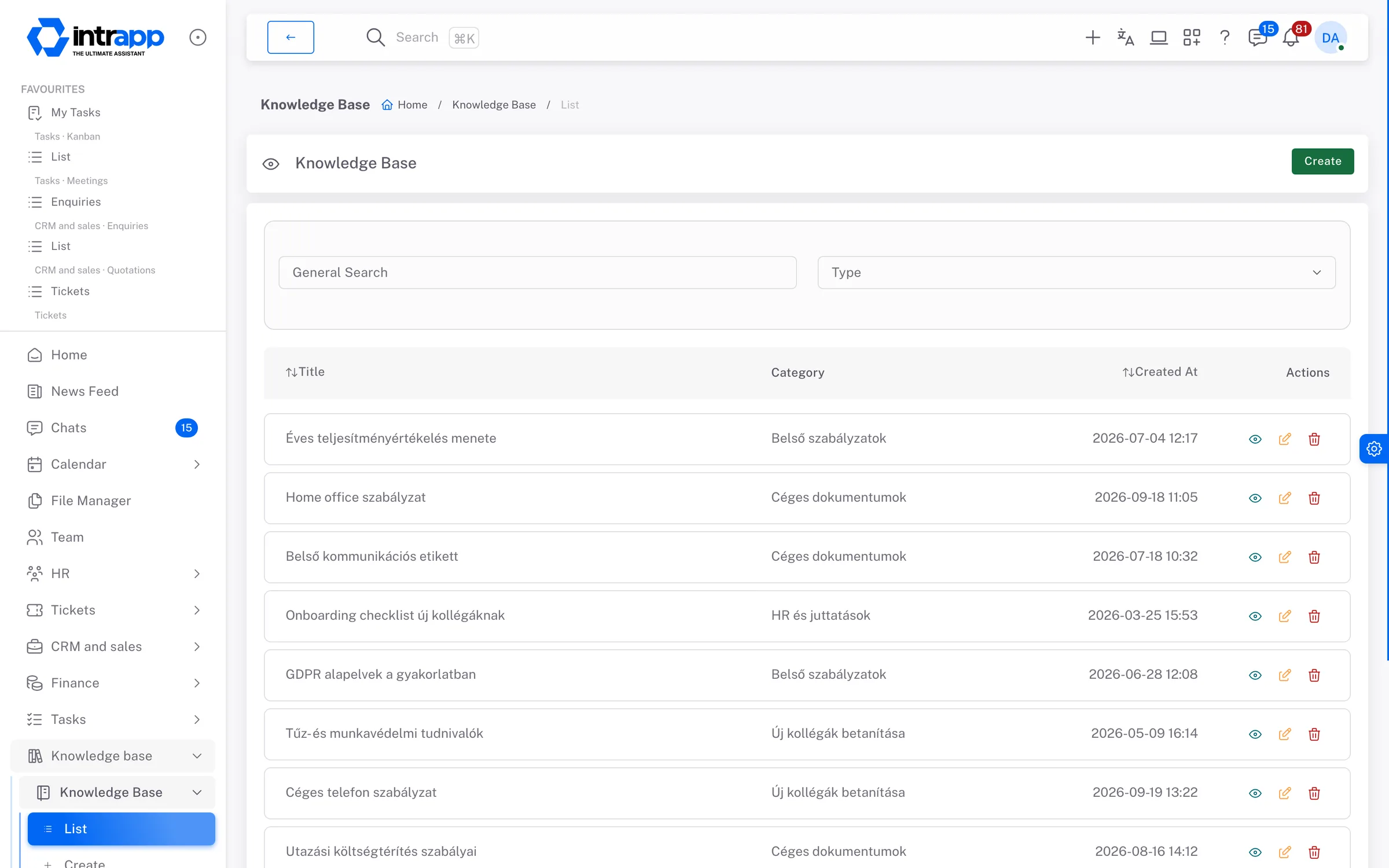 The knowledge base in IntrApp, listing the articles with their category and creation date, from policies to onboarding.