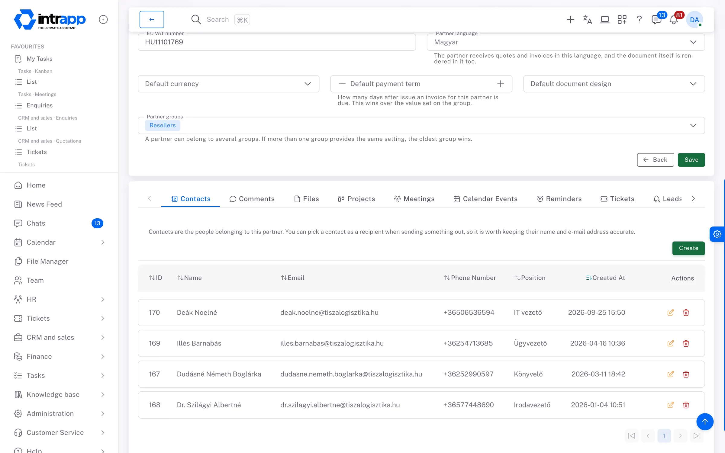 A customer record in IntrApp, showing the company details, the list of contacts below them, and tabs for comments, files, projects and meetings.