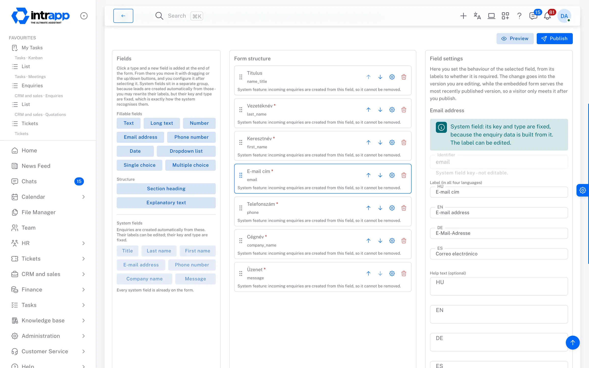 The IntrApp form builder with a contact form, with field types on the left, the form in the middle, the labels of the selected field in four languages on the right.