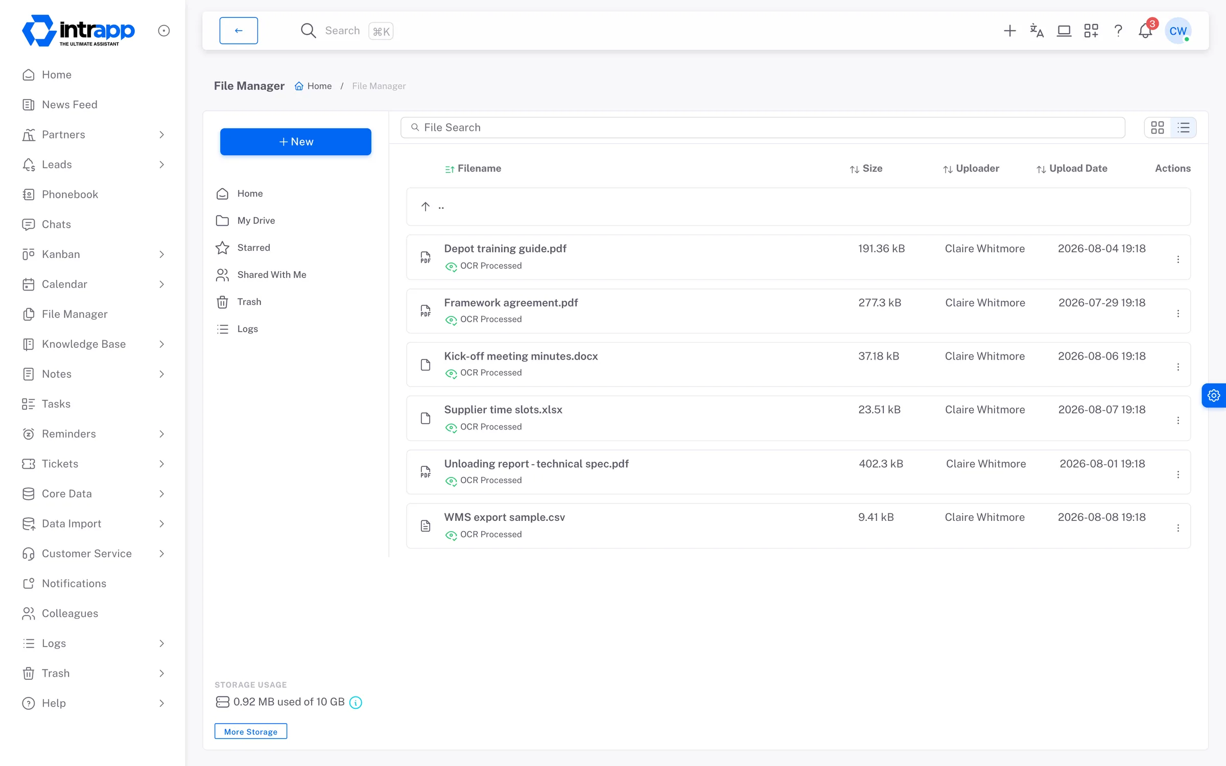 The file manager in IntrApp: one customer's documents, each with its size, the colleague who uploaded it and the date.