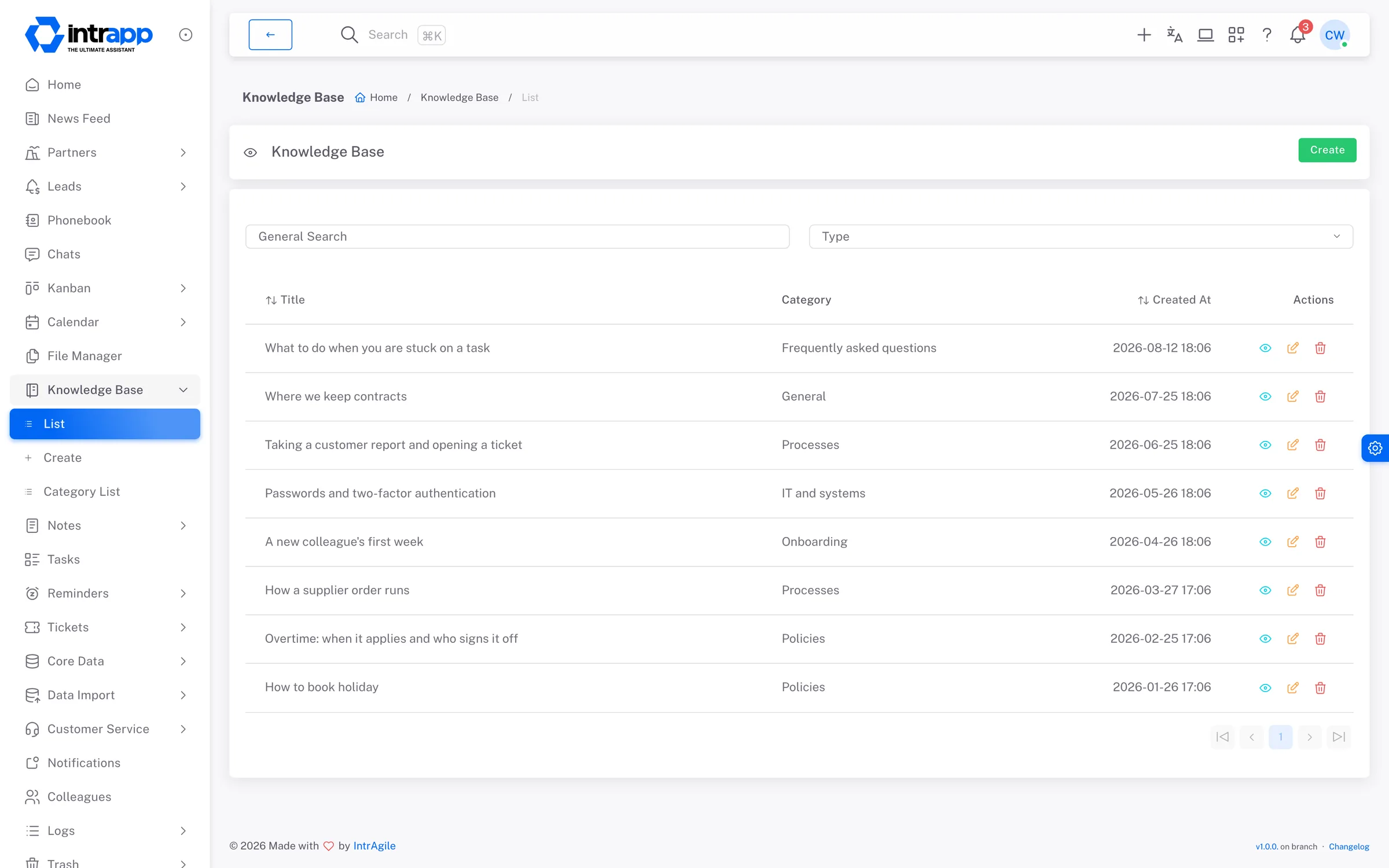 The knowledge base in IntrApp: the list of articles with their category and creation date, from policies to onboarding.