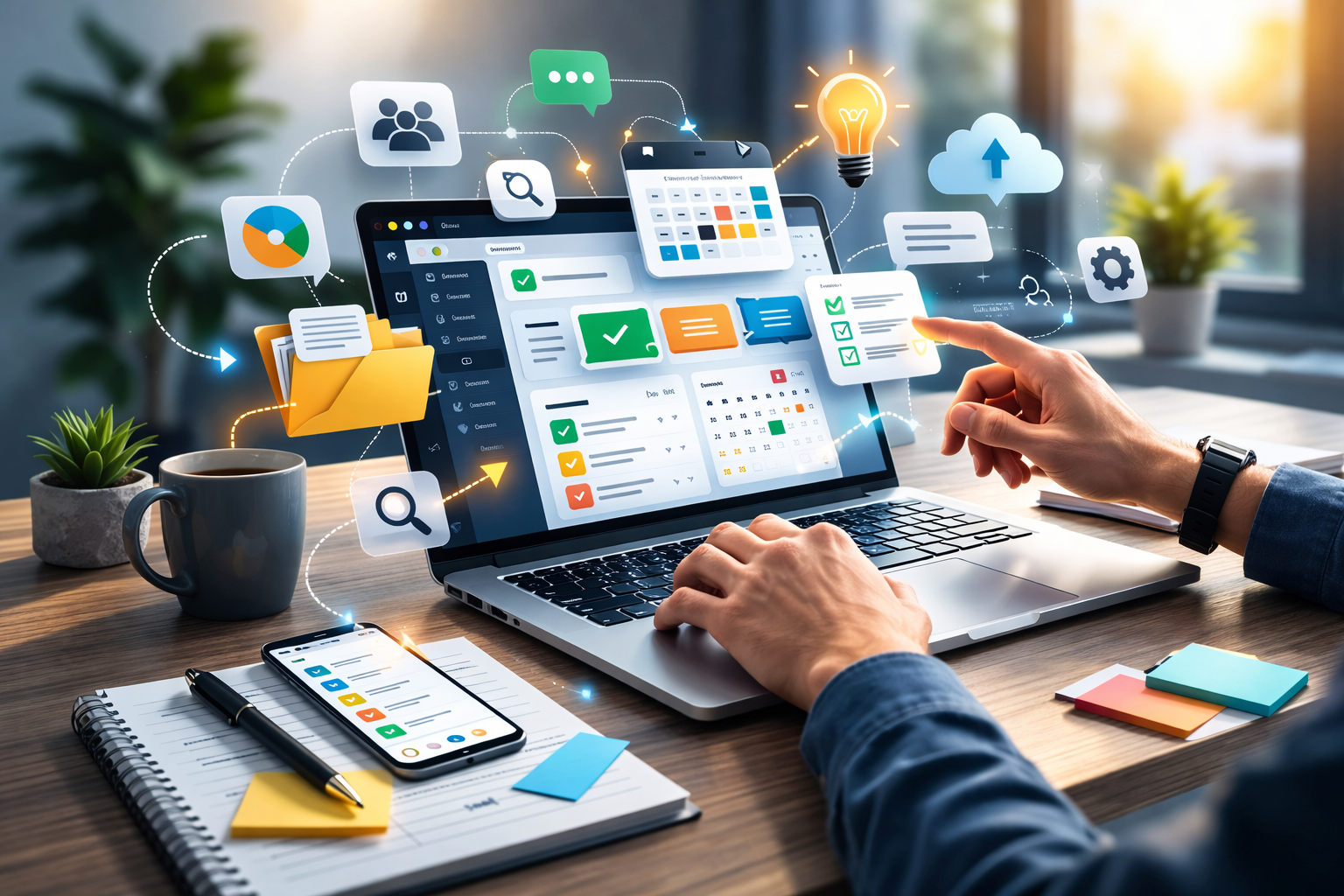 Modern digitális munkaállomás, ahol egy felhasználó az IntrApp felületét használja, dashboard és fájlkezelő elemek láthatók